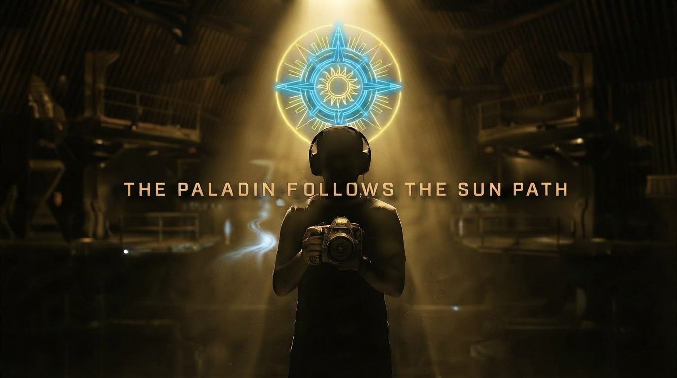 A builder in silhouette beneath a glowing sun compass: the Paladin follows the sun path