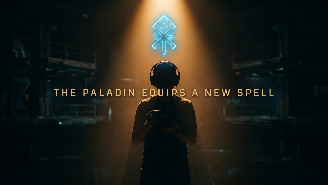 A builder in silhouette with a glowing circuit-rune above his head