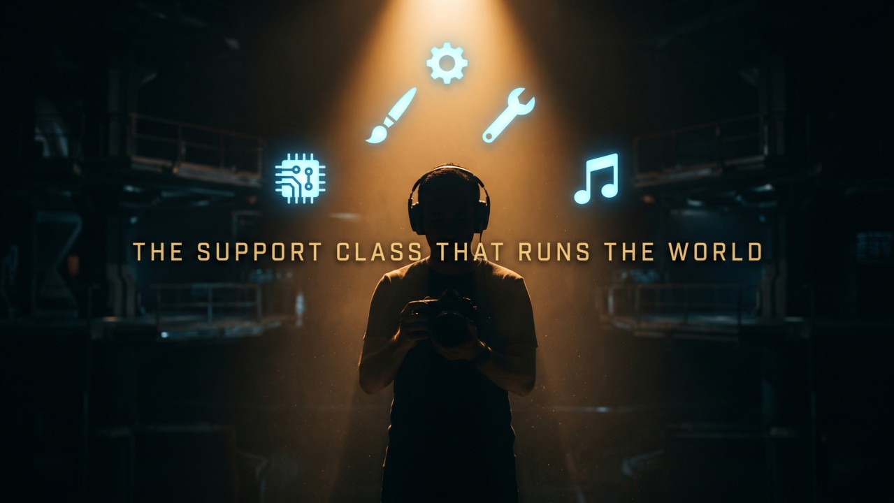 A builder in silhouette with glowing icons above his head